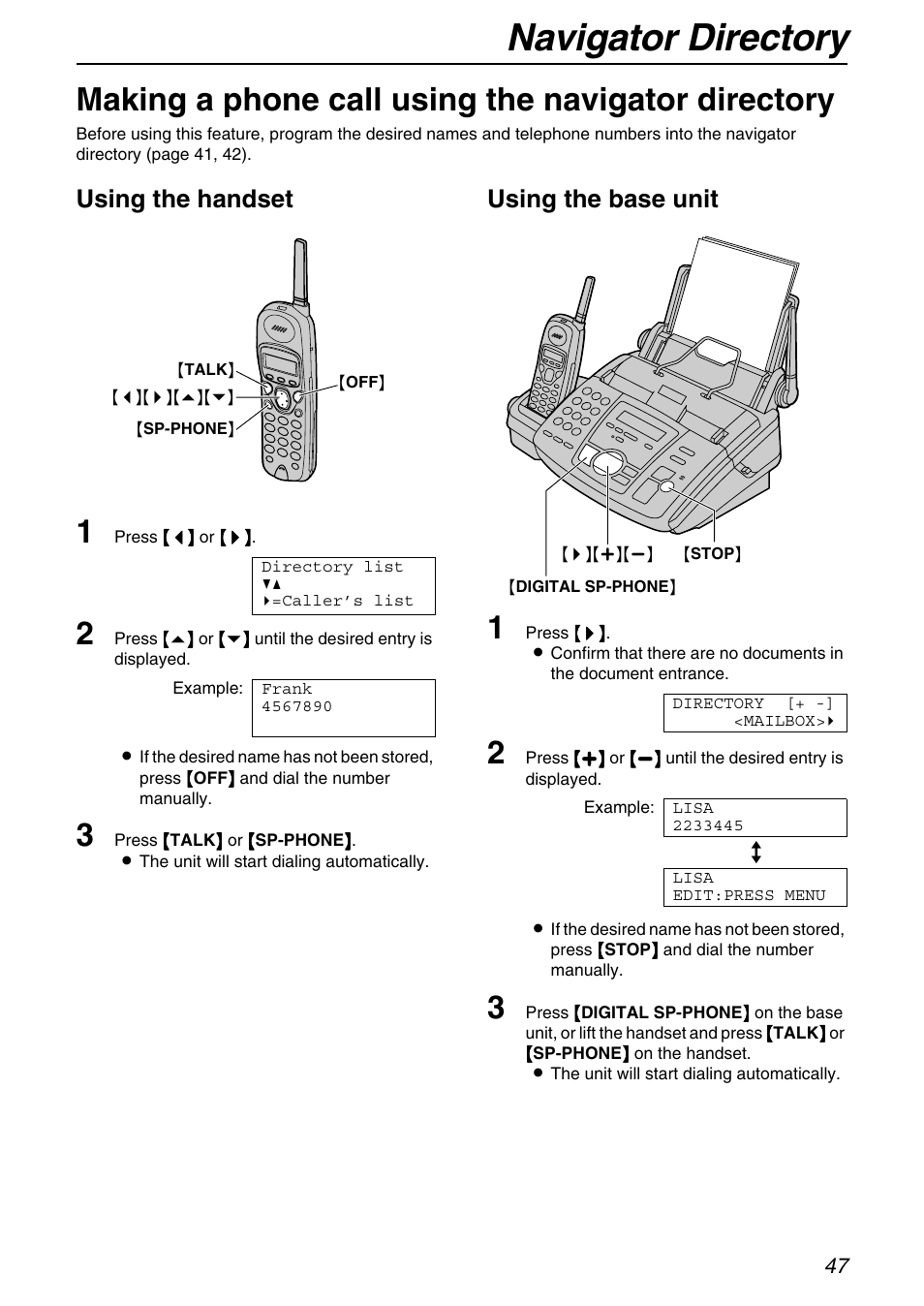 Making a phone call using the navigator directory, Navigator directory, Using the handset | Using the base unit | Panasonic KX-FPG371 User Manual | Page 47 / 132