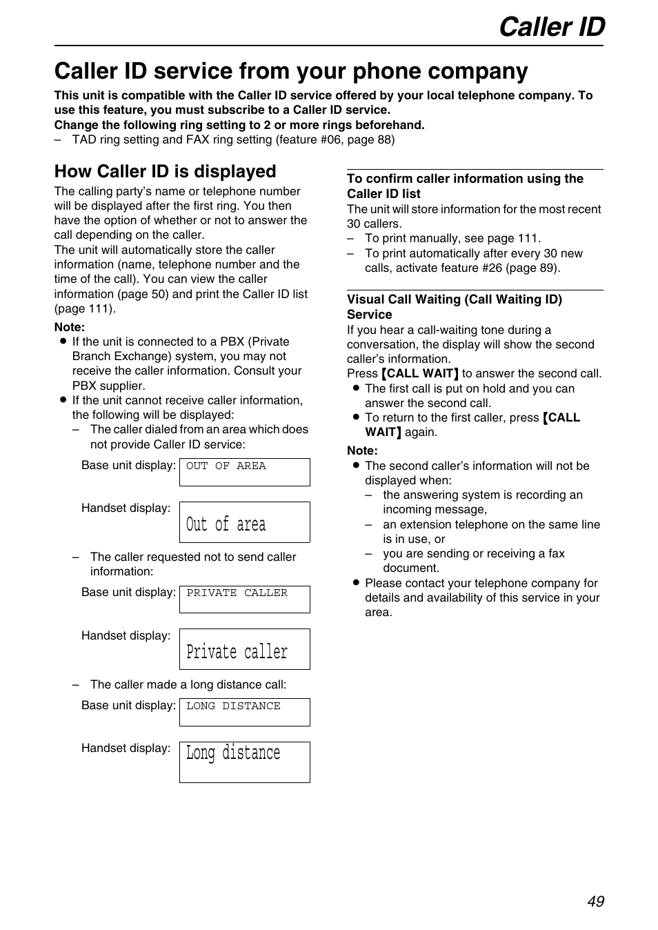 Caller id, Caller id service from your phone company, Out of area | Private caller, Long distance, How caller id is displayed | Panasonic KX-FPG371 User Manual | Page 49 / 132