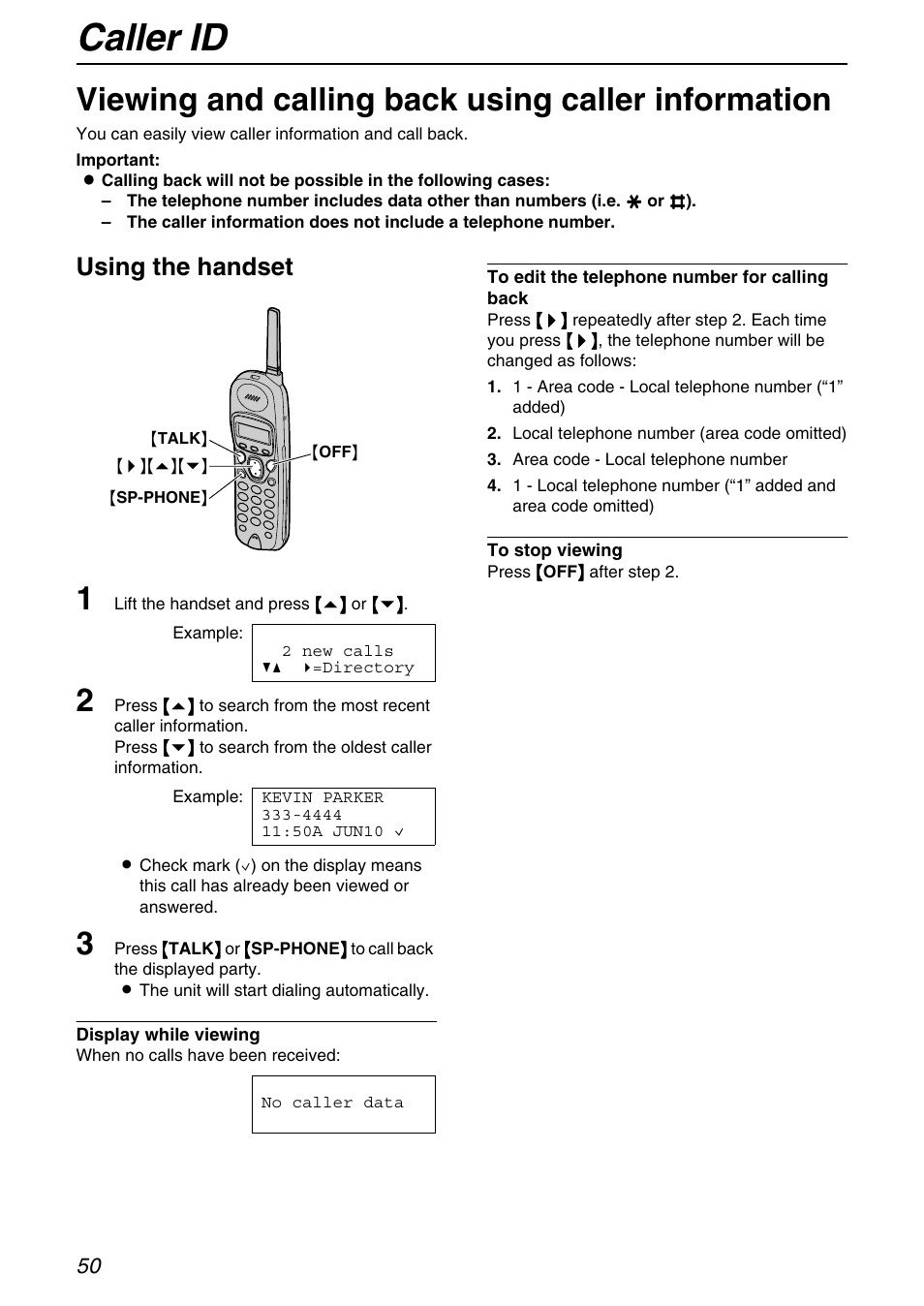Viewing and calling back using caller information, Caller id, Using the handset | Panasonic KX-FPG371 User Manual | Page 50 / 132