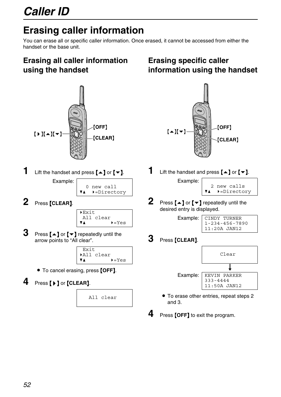 Erasing caller information, Caller id, Erasing all caller information using the handset | Panasonic KX-FPG371 User Manual | Page 52 / 132