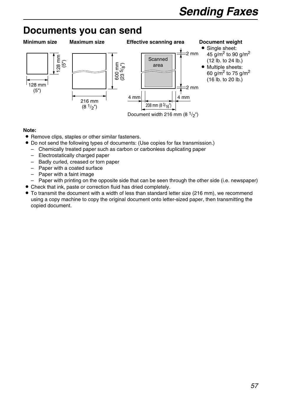 Documents you can send, Sending faxes | Panasonic KX-FPG371 User Manual | Page 57 / 132