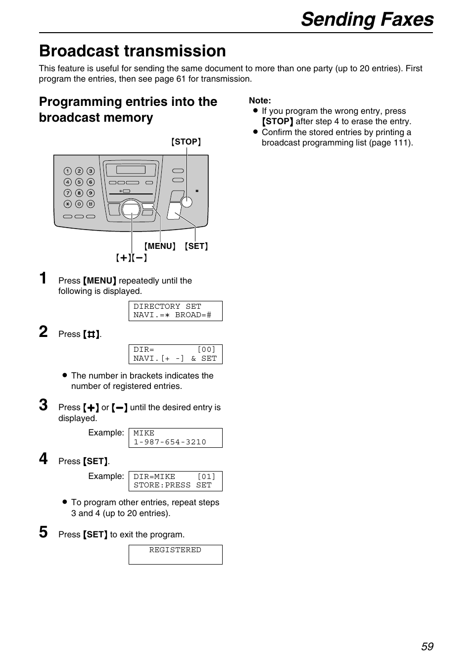 Broadcast transmission, Sending faxes | Panasonic KX-FPG371 User Manual | Page 59 / 132