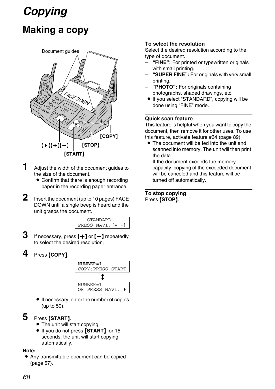 Copy, Copying, Making a copy | Making a copy 1 | Panasonic KX-FPG371 User Manual | Page 68 / 132