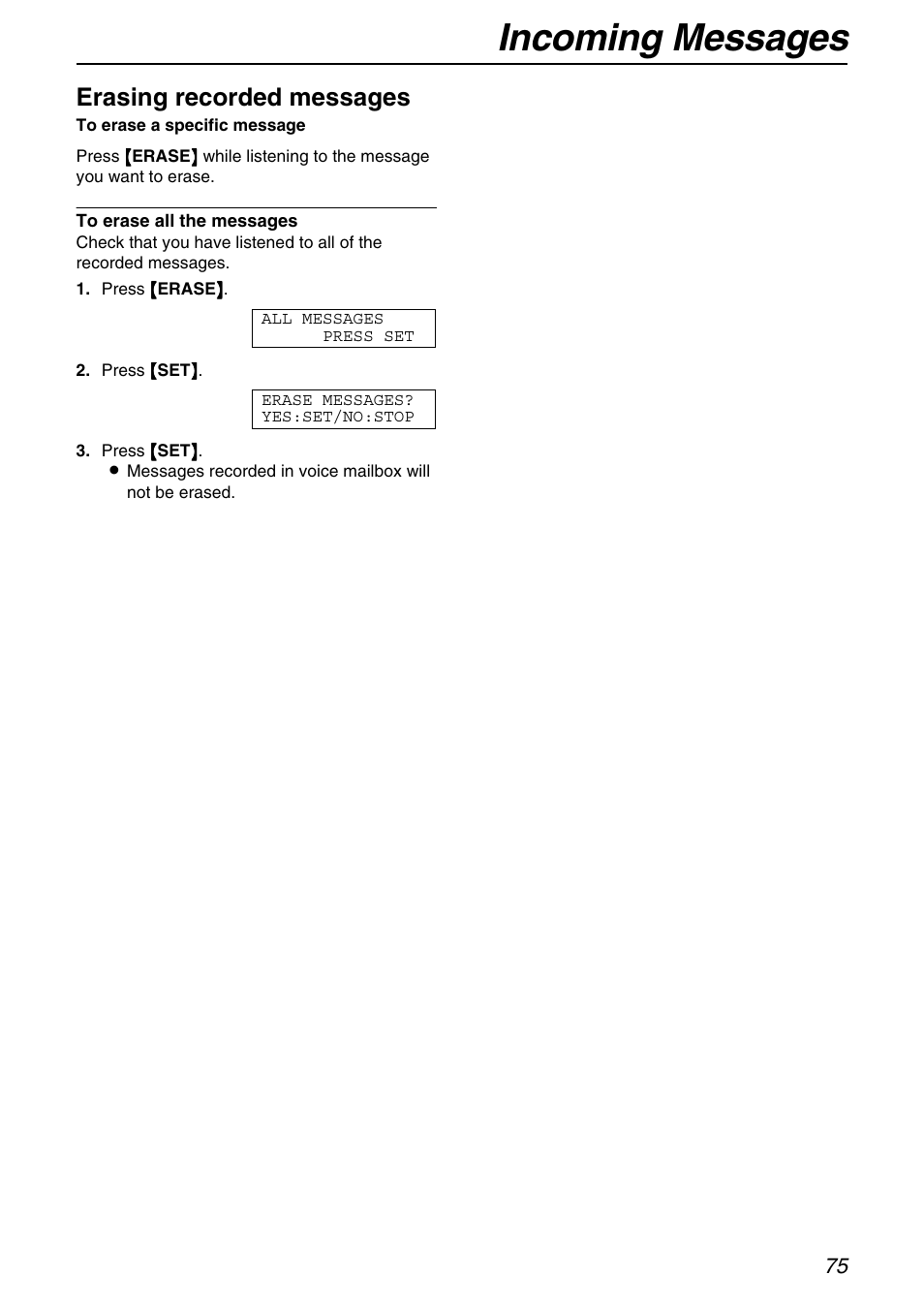 Incoming messages, Erasing recorded messages | Panasonic KX-FPG371 User Manual | Page 75 / 132