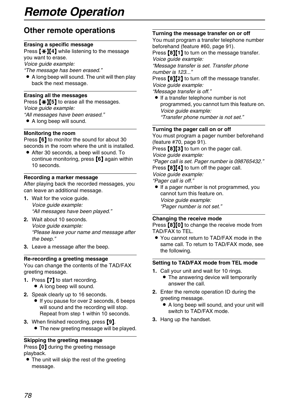 Remote operation, Other remote operations | Panasonic KX-FPG371 User Manual | Page 78 / 132