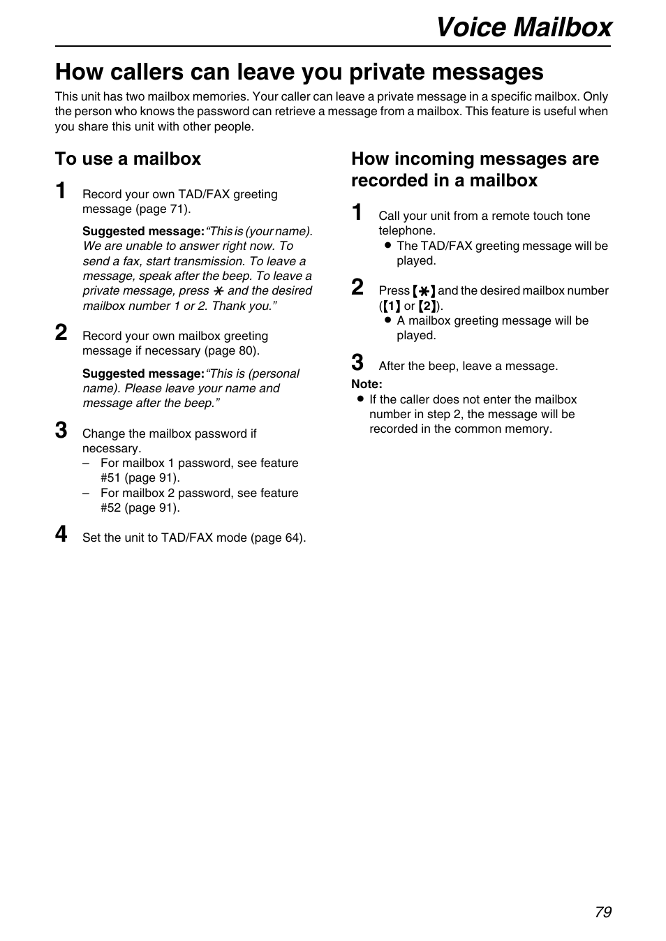 Voice mailbox, How callers can leave you private messages, How incoming messages are recorded in a mailbox | Panasonic KX-FPG371 User Manual | Page 79 / 132