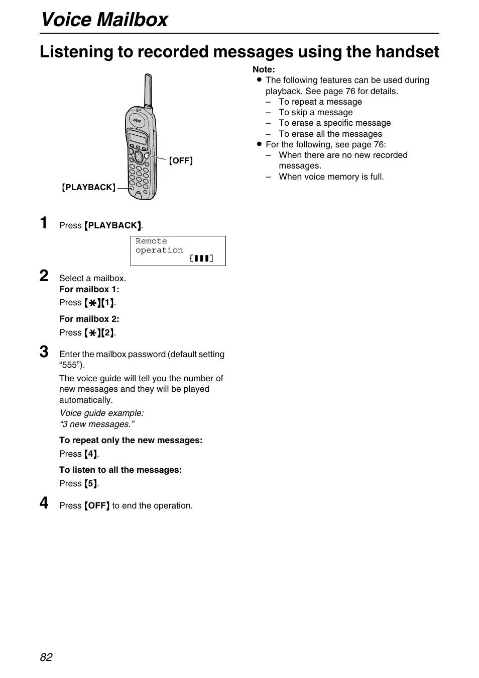 Listening to recorded messages using the handset, Voice mailbox, Listening to recorded messages using the handset 1 | Panasonic KX-FPG371 User Manual | Page 82 / 132