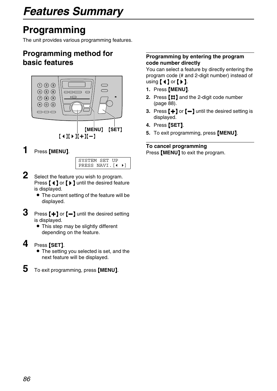 Programmable features, Features summary, Programming | Programming method for basic features | Panasonic KX-FPG371 User Manual | Page 86 / 132