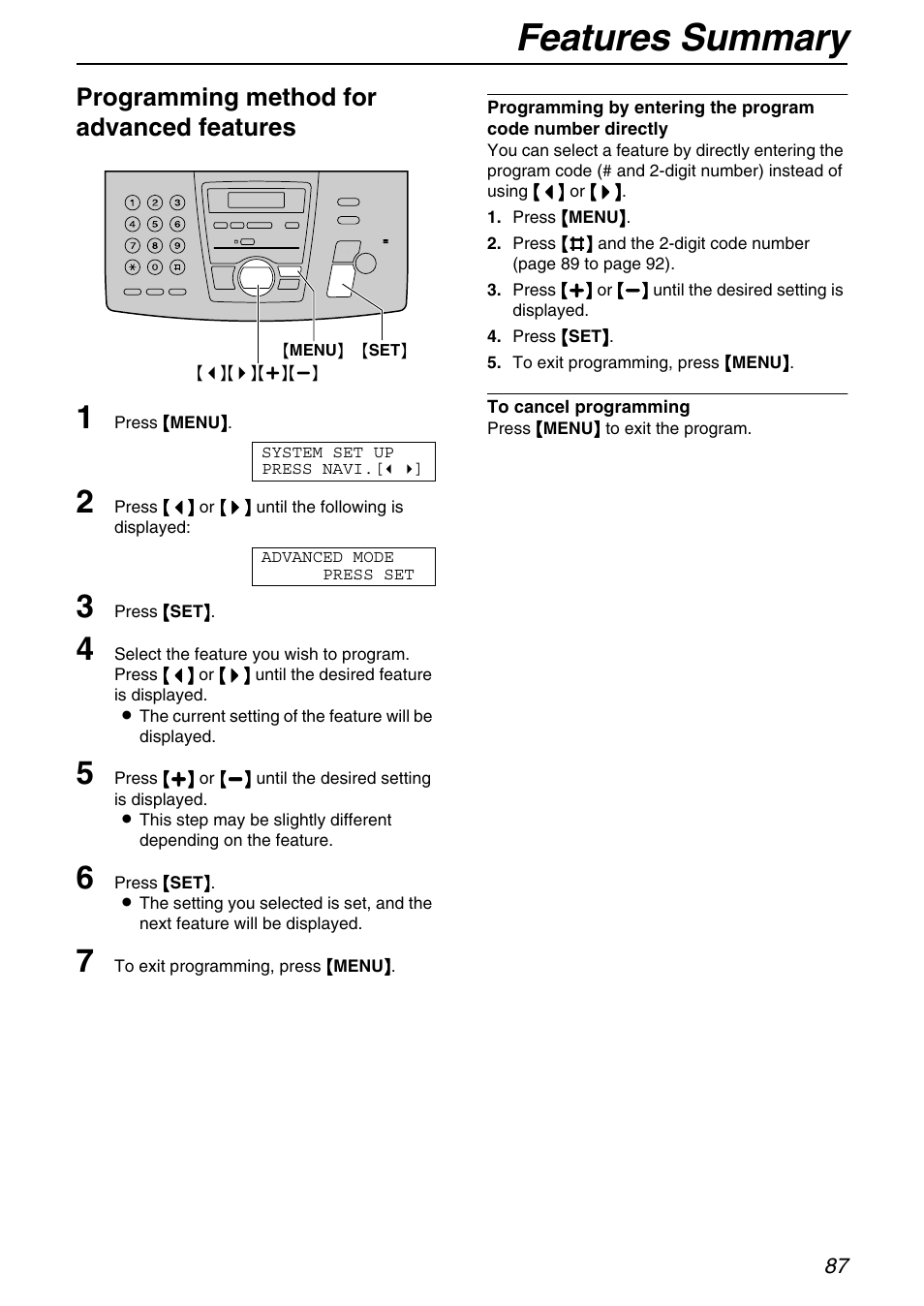 Features summary, Programming method for advanced features | Panasonic KX-FPG371 User Manual | Page 87 / 132