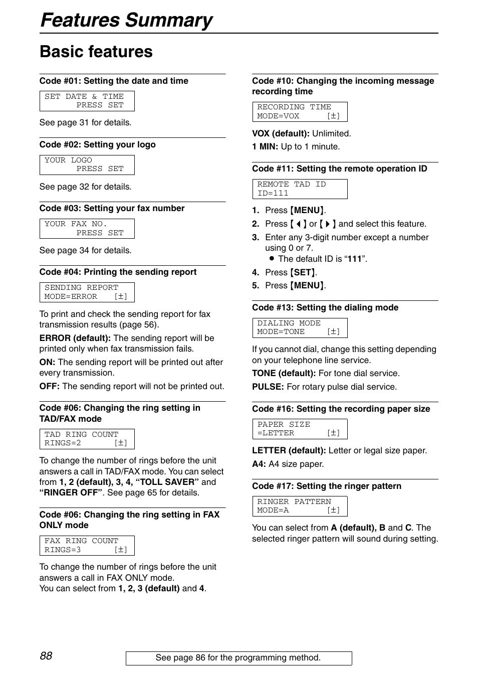 Basic features, Features summary | Panasonic KX-FPG371 User Manual | Page 88 / 132