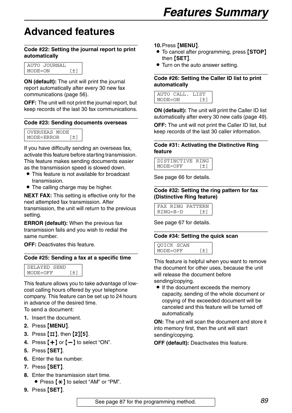 Advanced features, Features summary | Panasonic KX-FPG371 User Manual | Page 89 / 132