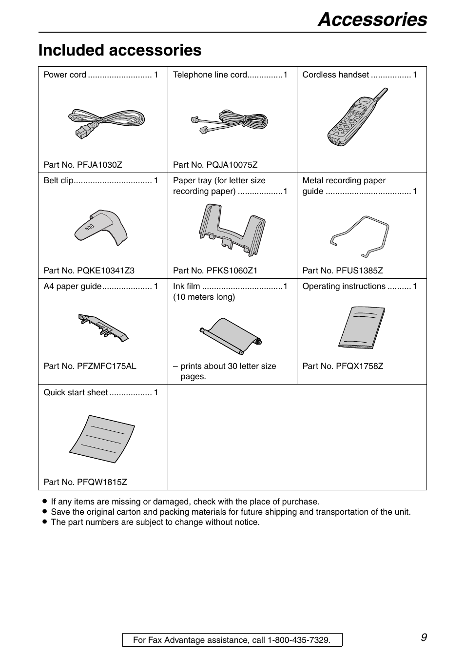 Initial preparation, Accessories, Included accessories | Panasonic KX-FPG371 User Manual | Page 9 / 132