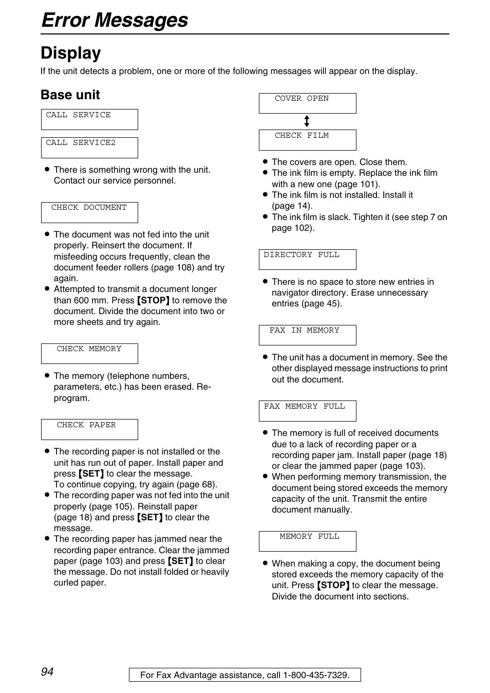 Display, Error messages, Base unit | Panasonic KX-FPG371 User Manual | Page 94 / 132