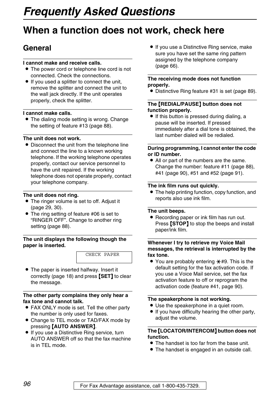 Frequently asked questions, When a function does not work, check here, General | Panasonic KX-FPG371 User Manual | Page 96 / 132