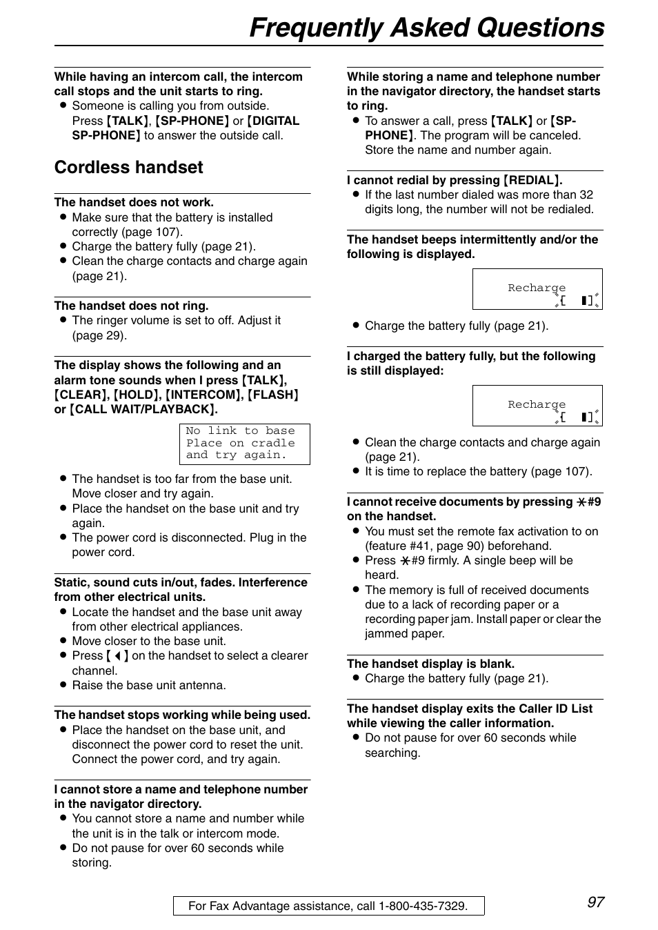 Frequently asked questions, Cordless handset | Panasonic KX-FPG371 User Manual | Page 97 / 132