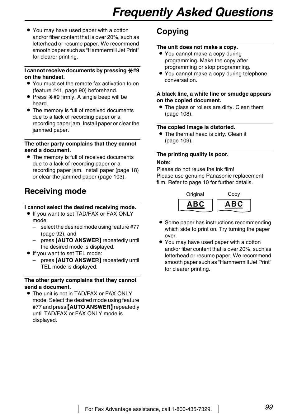 Frequently asked questions, Receiving mode, Copying | A b c | Panasonic KX-FPG371 User Manual | Page 99 / 132
