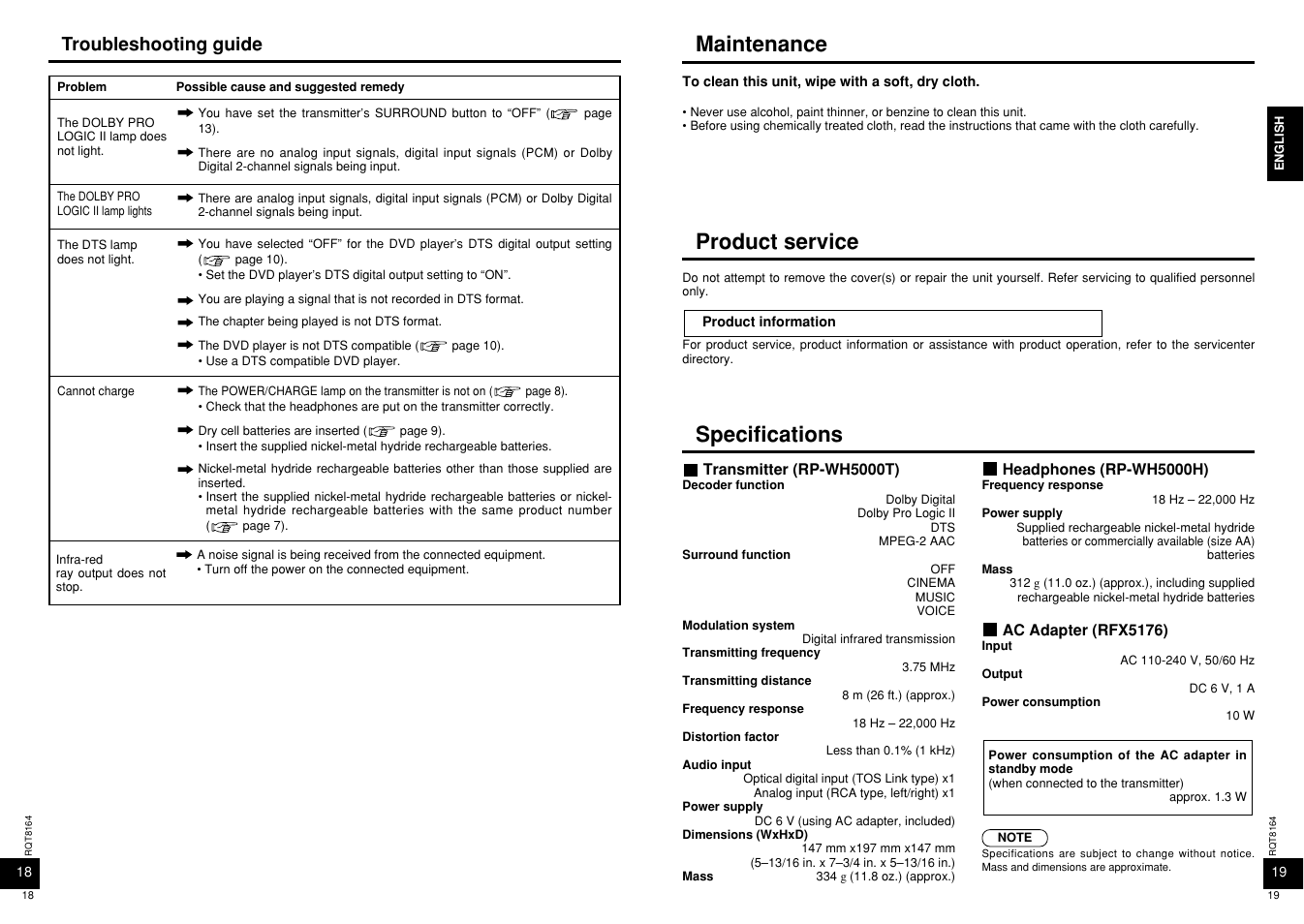 Maintenance, Product service, Specifications | Troubleshooting guide | Panasonic RP-WH5000 User Manual | Page 10 / 29