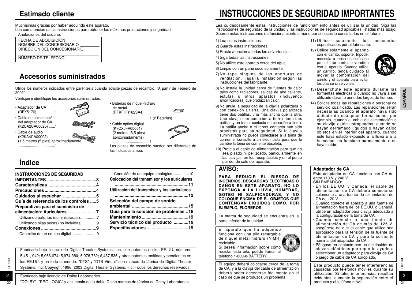 Indice, Instrucciones de seguridad importantes, Índice | Estimado cliente, Accesorios suministrados, Aviso | Panasonic RP-WH5000 User Manual | Page 11 / 29