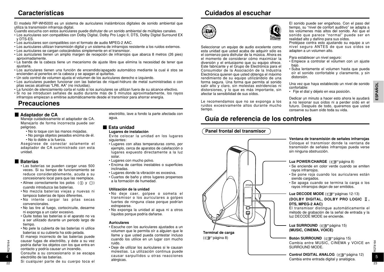 Caracteristicas, Precauciones, Cuidados al eschuchar | Guia de referencia de los controles, Cuidados al escuchar | Panasonic RP-WH5000 User Manual | Page 12 / 29