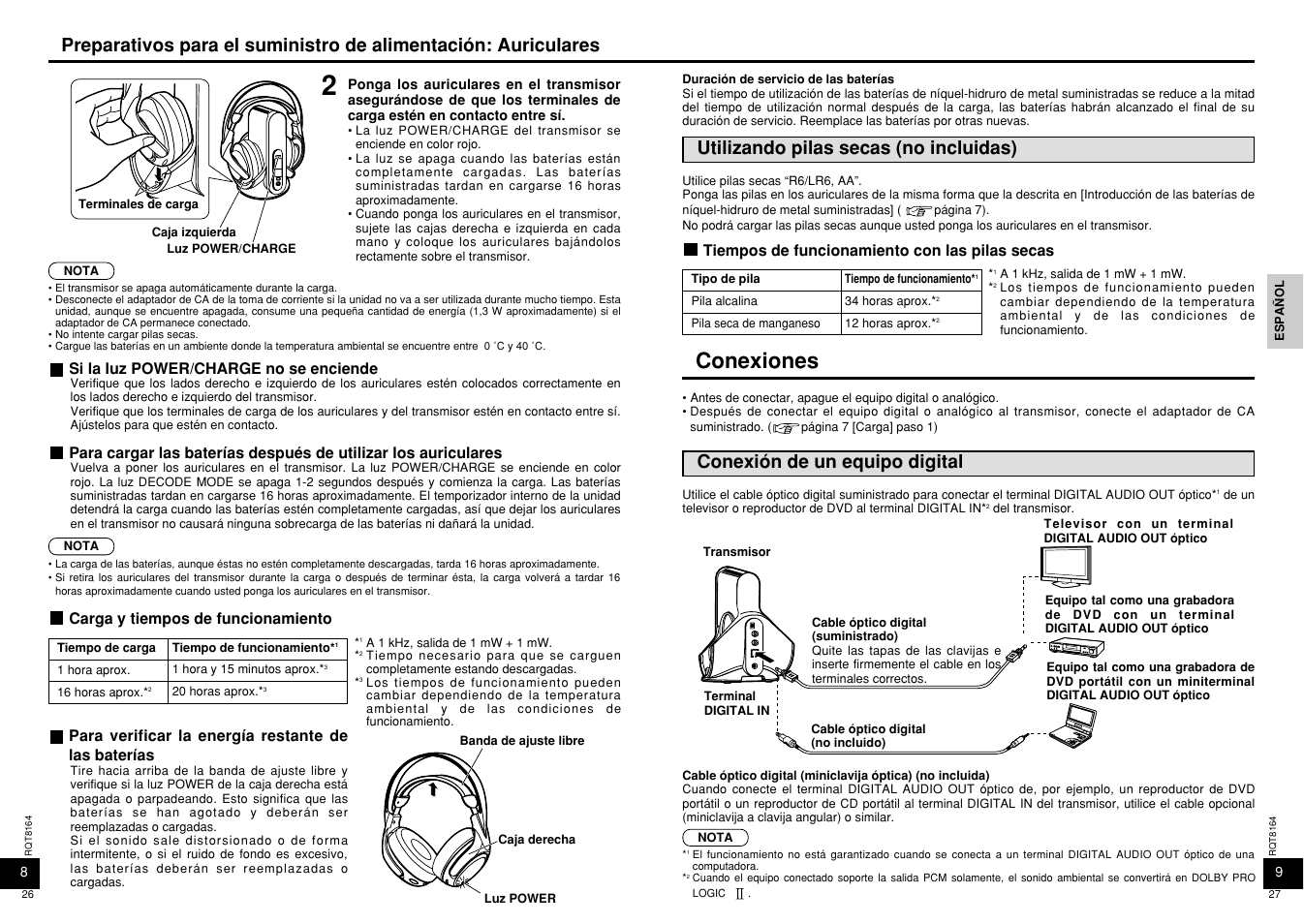 Conexiones, Utilizando pilas secas (no incluidas), Conexión de un equipo digital | Panasonic RP-WH5000 User Manual | Page 14 / 29