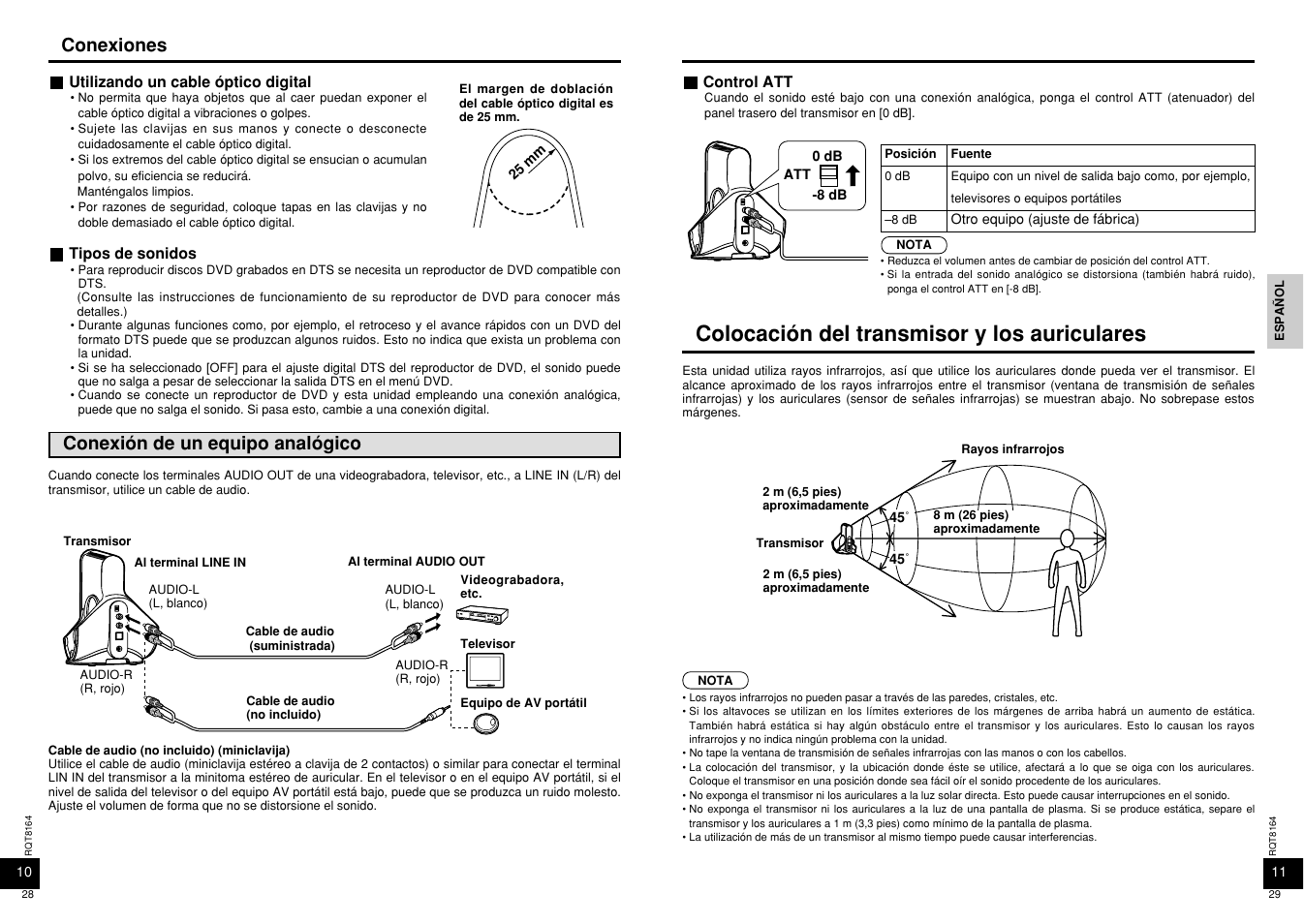 Colocacion del transmisor y los auriculares, Colocación del transmisor y los auriculares, Conexiones | Conexión de un equipo analógico | Panasonic RP-WH5000 User Manual | Page 15 / 29