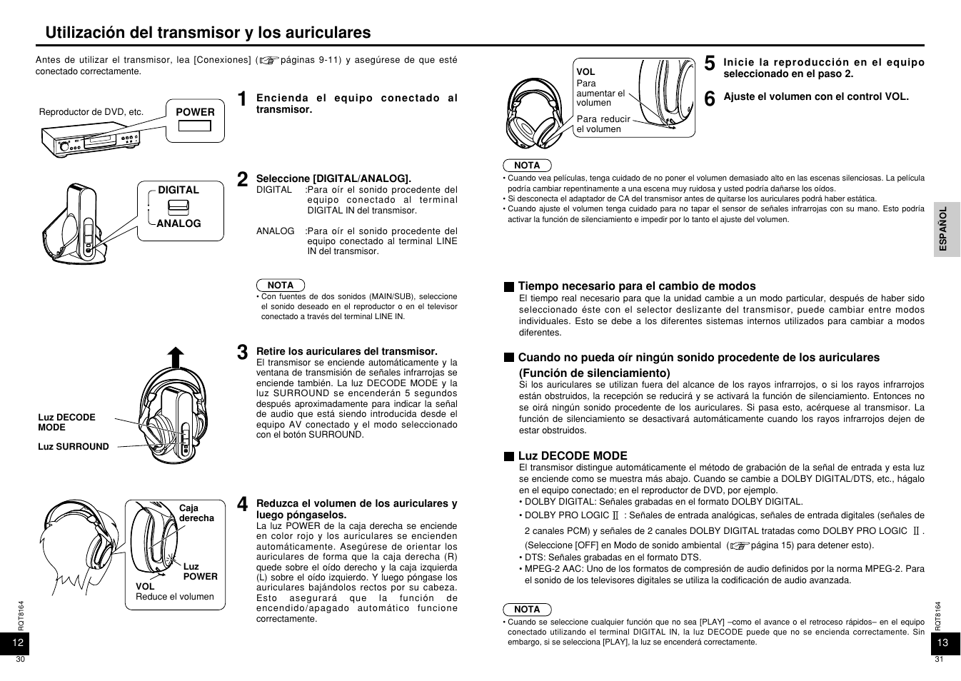 Utilizacion del transmisor y los auriculares, Utilización del transmisor y los auriculares | Panasonic RP-WH5000 User Manual | Page 16 / 29