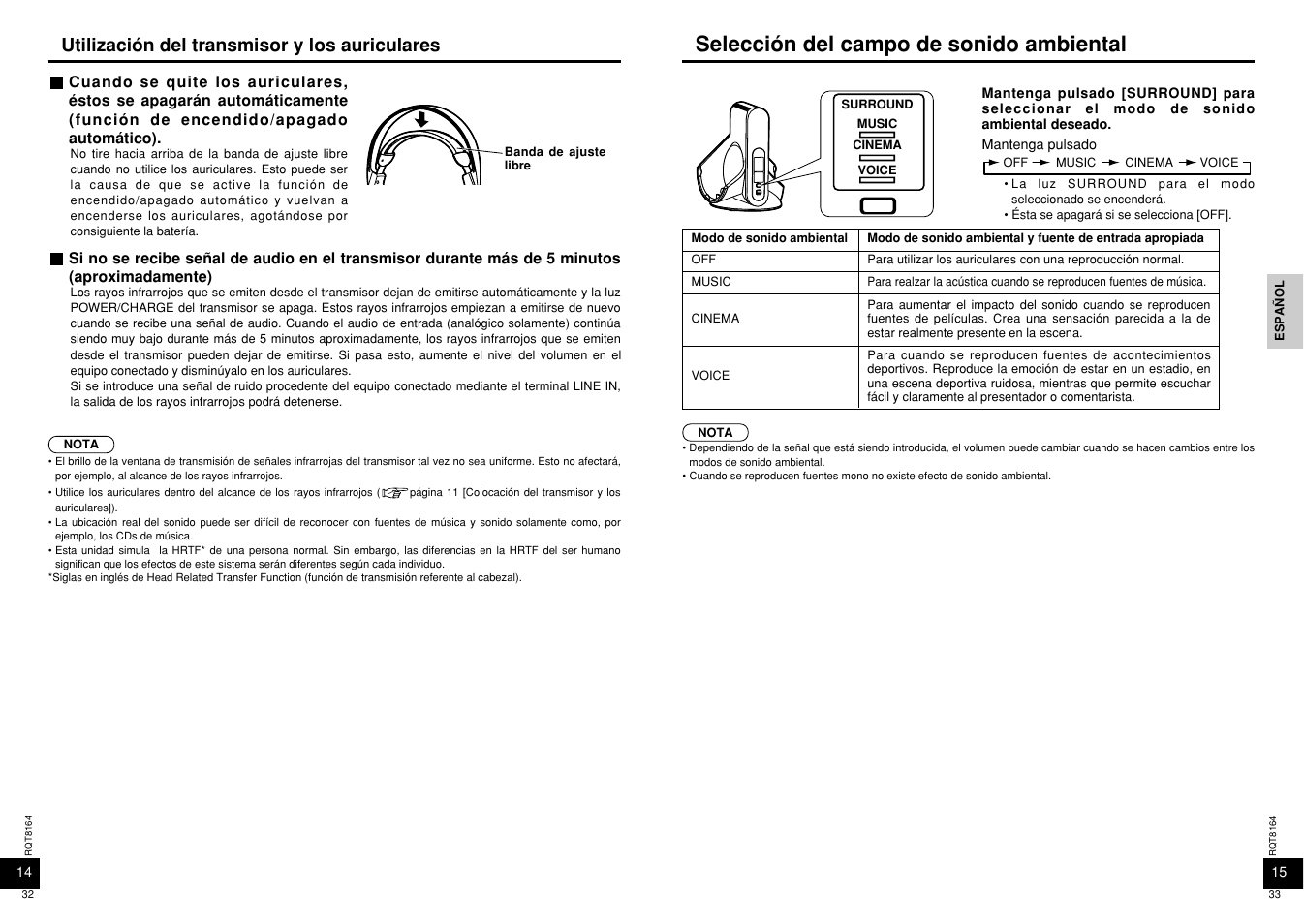 Seleccion del campo de sonido ambiental, Selección del campo de sonido ambiental, Utilización del transmisor y los auriculares | Panasonic RP-WH5000 User Manual | Page 17 / 29