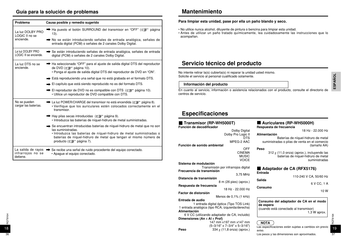 Mantenimiento, Servicio tecnico del producto, Especificaciones | Servicio técnico del producto, Guía para la solución de problemas | Panasonic RP-WH5000 User Manual | Page 19 / 29