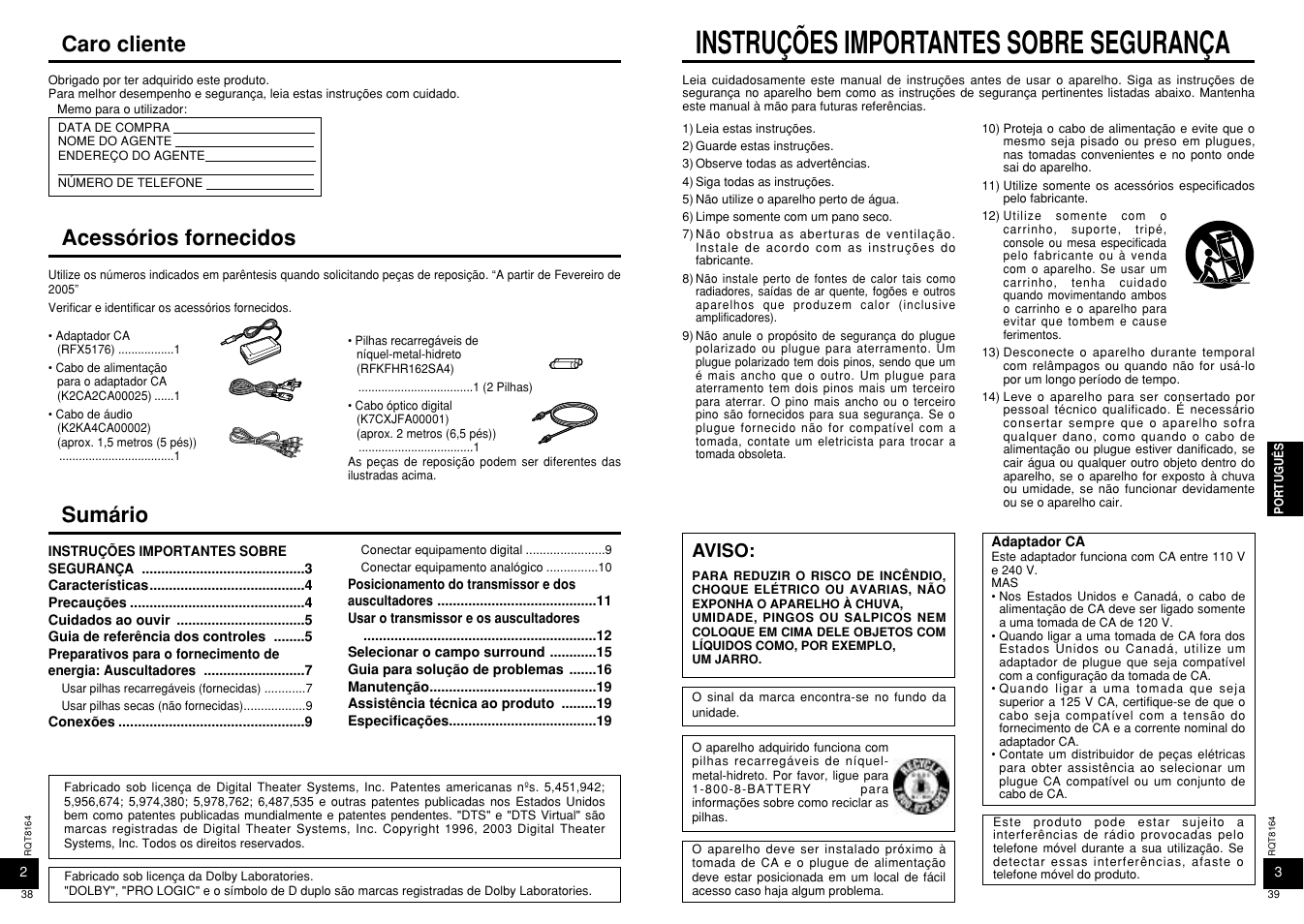 Instruções importantes sobre segurança, Caro cliente, Sumário | Acessórios fornecidos, Aviso | Panasonic RP-WH5000 User Manual | Page 20 / 29