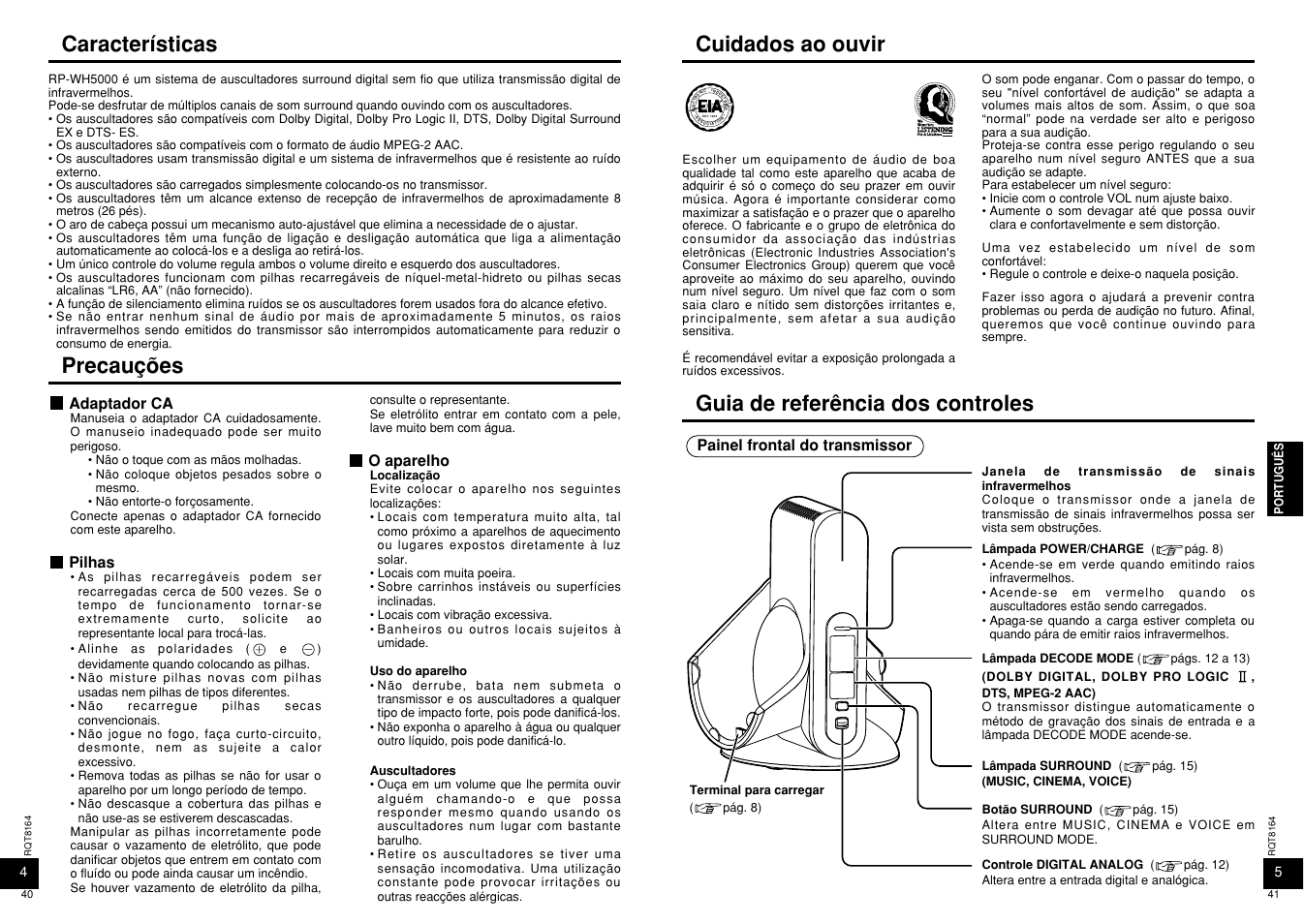 Cuidados ao ouvir, Características, Guia de referência dos controles | Precauções | Panasonic RP-WH5000 User Manual | Page 21 / 29