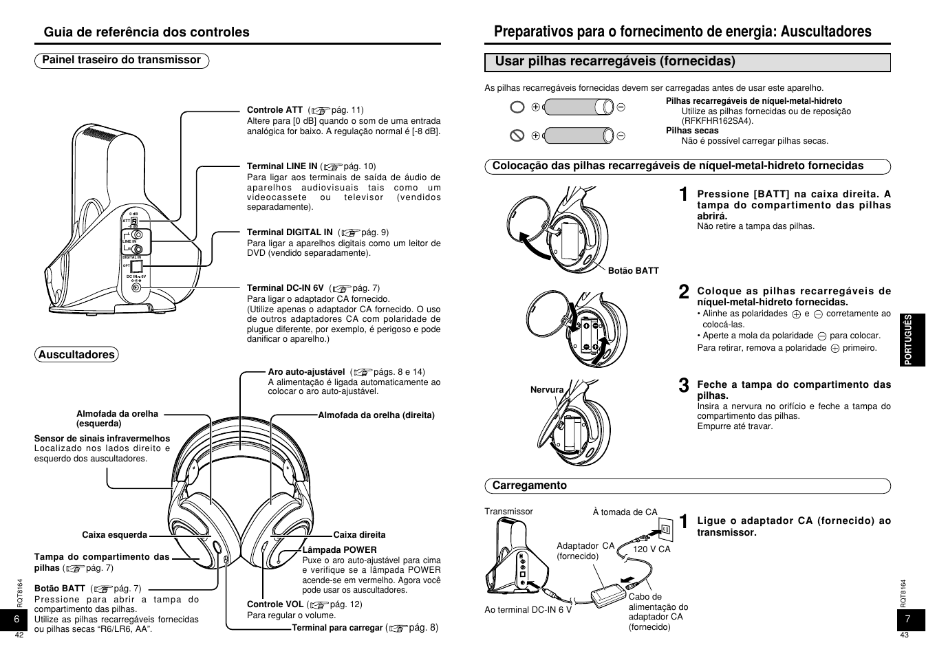Guia de referência dos controles, Usar pilhas recarregáveis (fornecidas) | Panasonic RP-WH5000 User Manual | Page 22 / 29