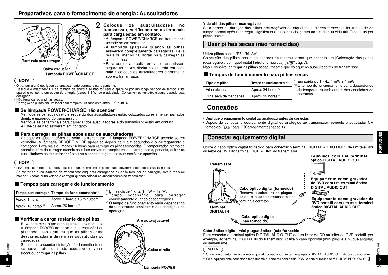 Conexões, Usar pilhas secas (não fornecidas), Conectar equipamento digital | Panasonic RP-WH5000 User Manual | Page 23 / 29