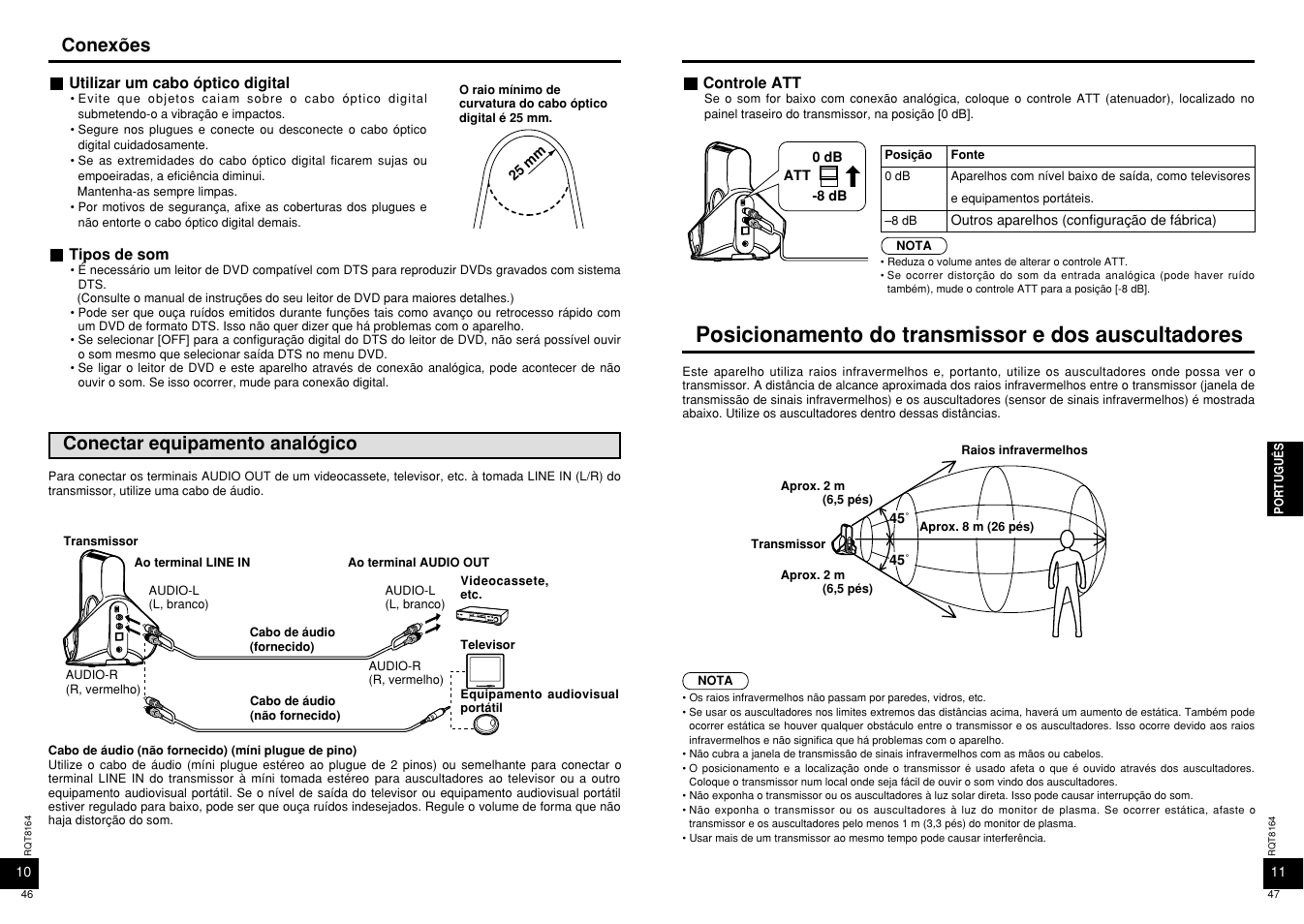 Posicionamento do transmissor e dos auscultadores, Conexões, Conectar equipamento analógico | Panasonic RP-WH5000 User Manual | Page 24 / 29