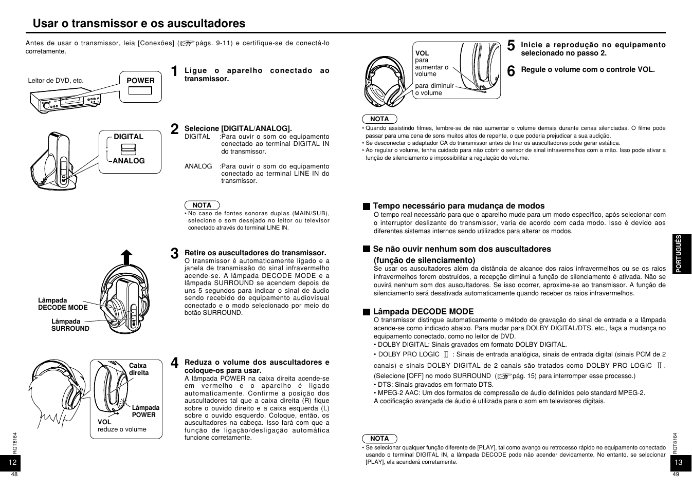 Usar o transmissor e os auscultadores | Panasonic RP-WH5000 User Manual | Page 25 / 29