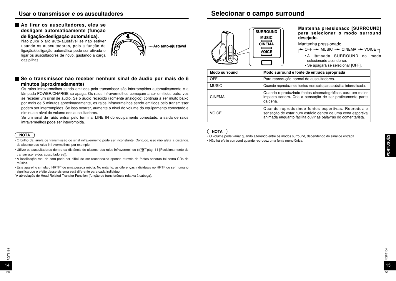 Selecionar o campo surround, Usar o transmissor e os auscultadores | Panasonic RP-WH5000 User Manual | Page 26 / 29