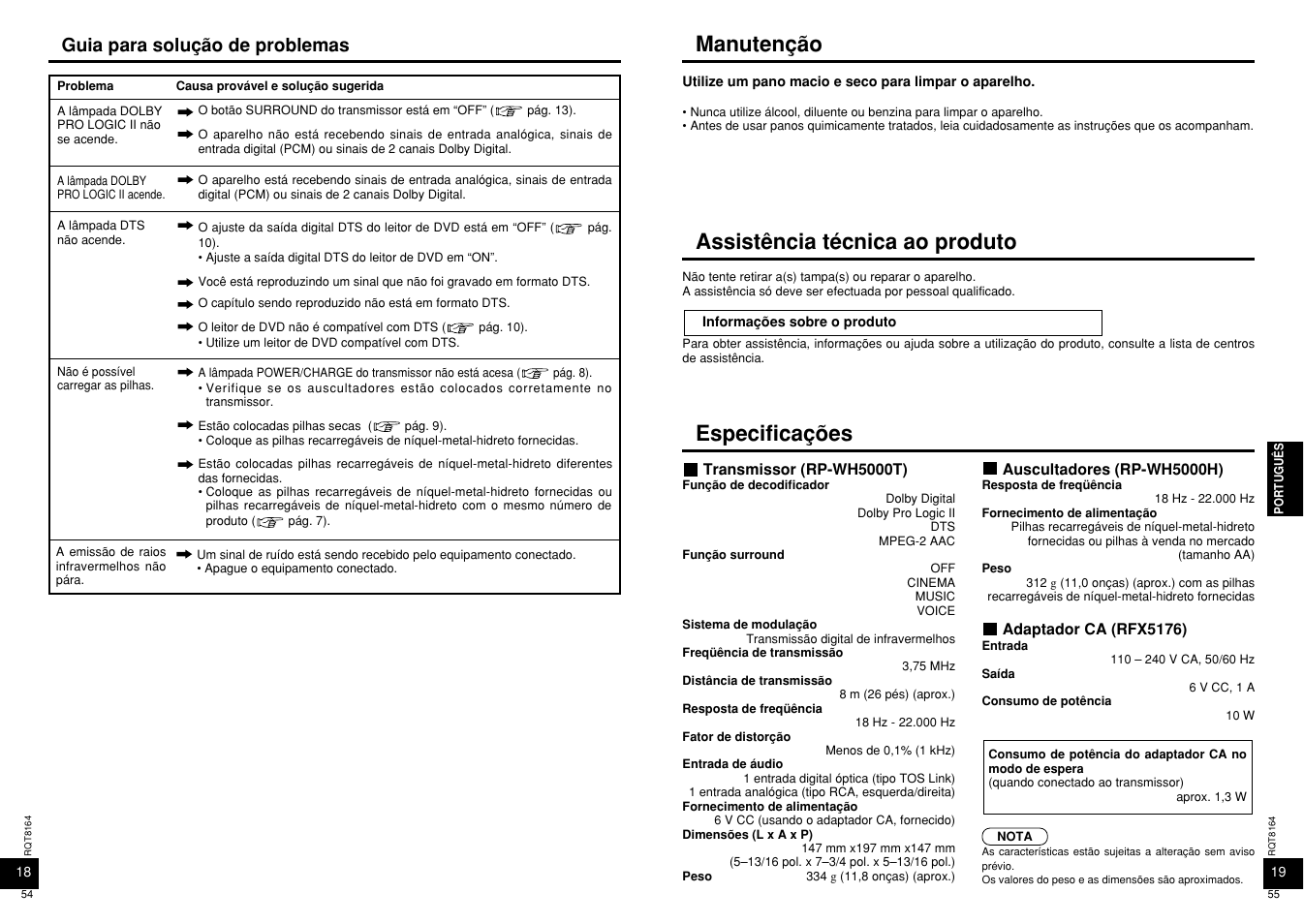 Manutenção, Assistência técnica ao produto, Especificações | Guia para solução de problemas | Panasonic RP-WH5000 User Manual | Page 28 / 29