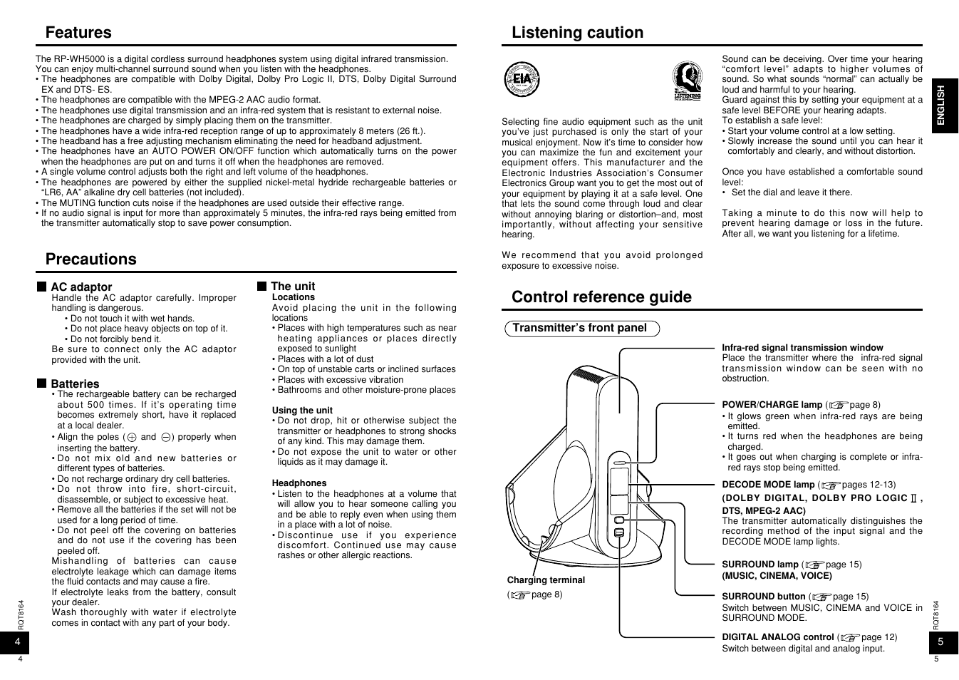 Features, Precautions, Listening caution | Control reference guide | Panasonic RP-WH5000 User Manual | Page 3 / 29