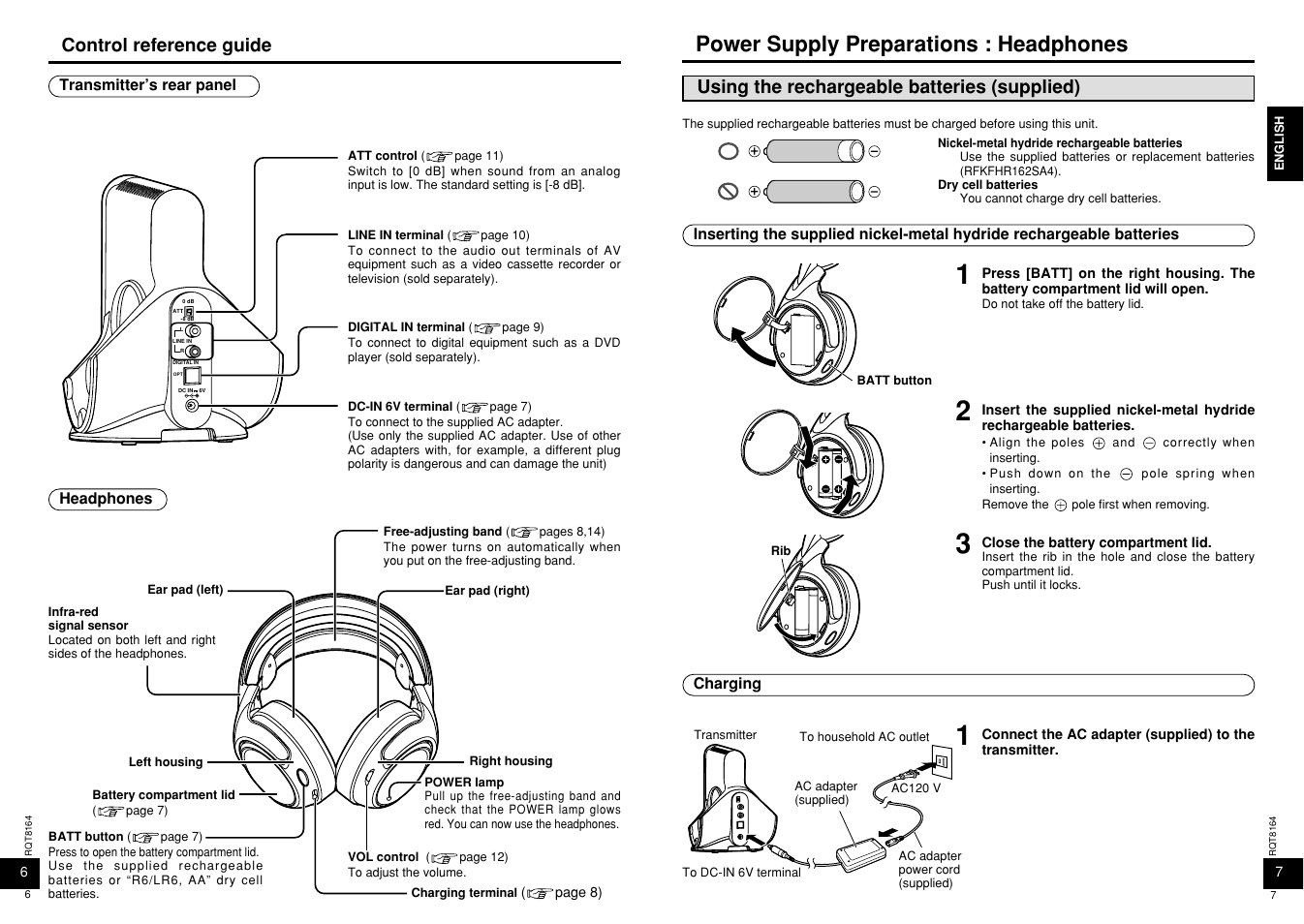 Power supply preparations : headphones, Control reference guide, Using the rechargeable batteries (supplied) | Panasonic RP-WH5000 User Manual | Page 4 / 29