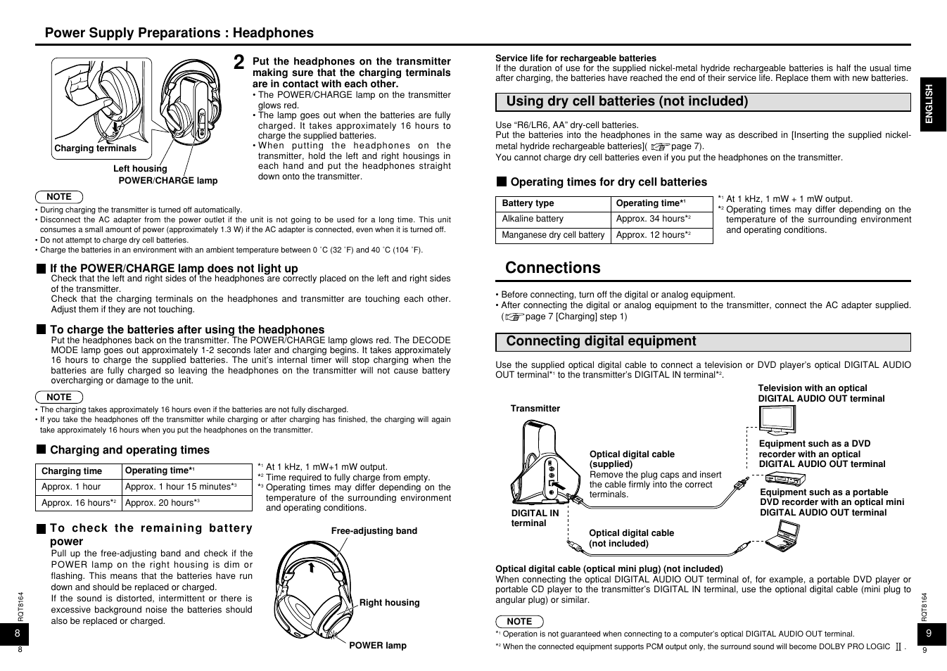 Connections, Power supply preparations : headphones, Using dry cell batteries (not included) | Connecting digital equipment | Panasonic RP-WH5000 User Manual | Page 5 / 29