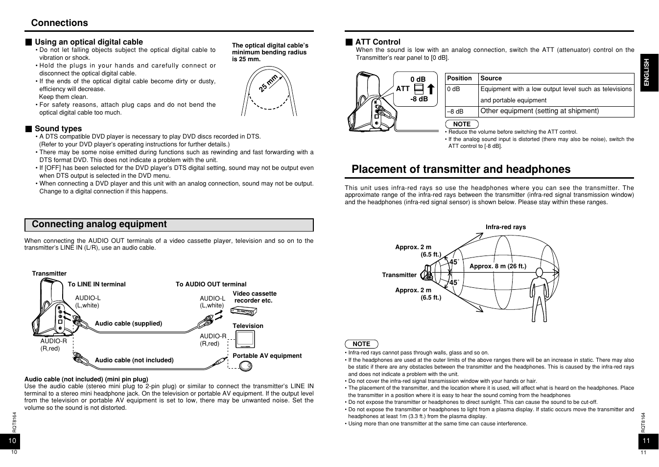 Placement of transmitter and headphones, Connections, Connecting analog equipment | Panasonic RP-WH5000 User Manual | Page 6 / 29