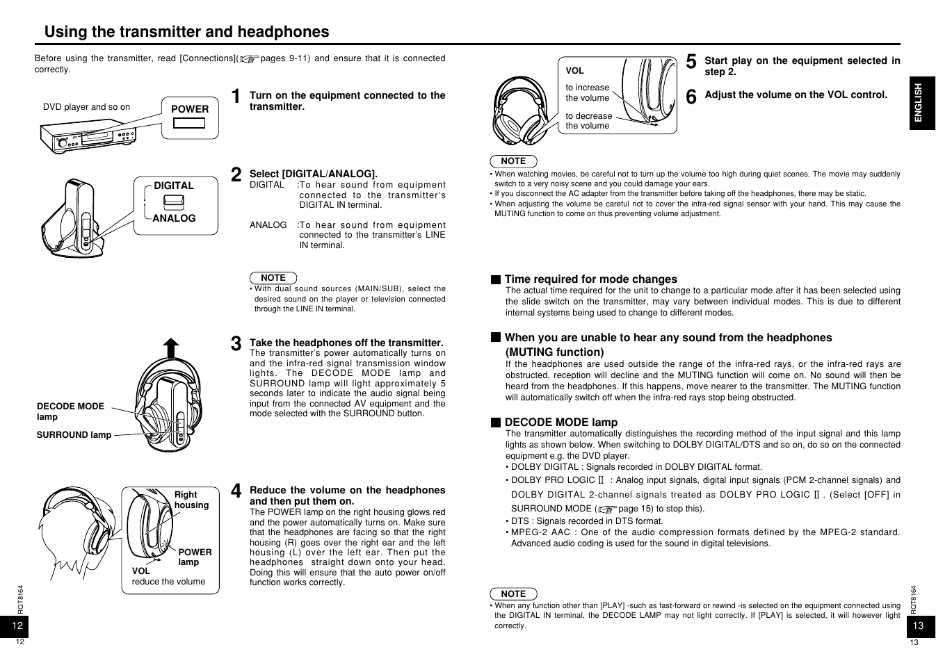 Using the transmitter and headphones | Panasonic RP-WH5000 User Manual | Page 7 / 29