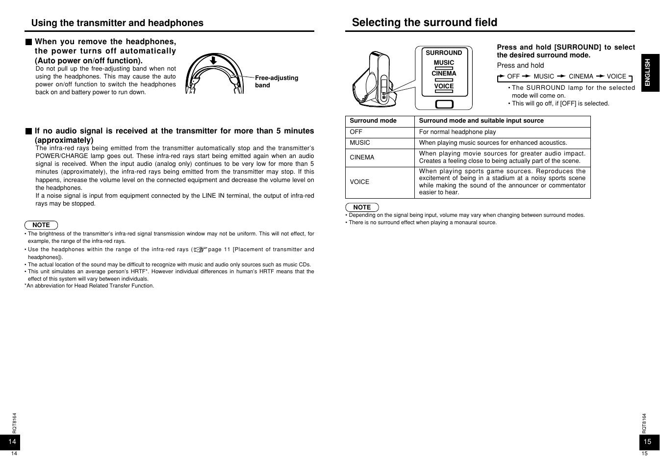 Selecting the surround field, Using the transmitter and headphones | Panasonic RP-WH5000 User Manual | Page 8 / 29