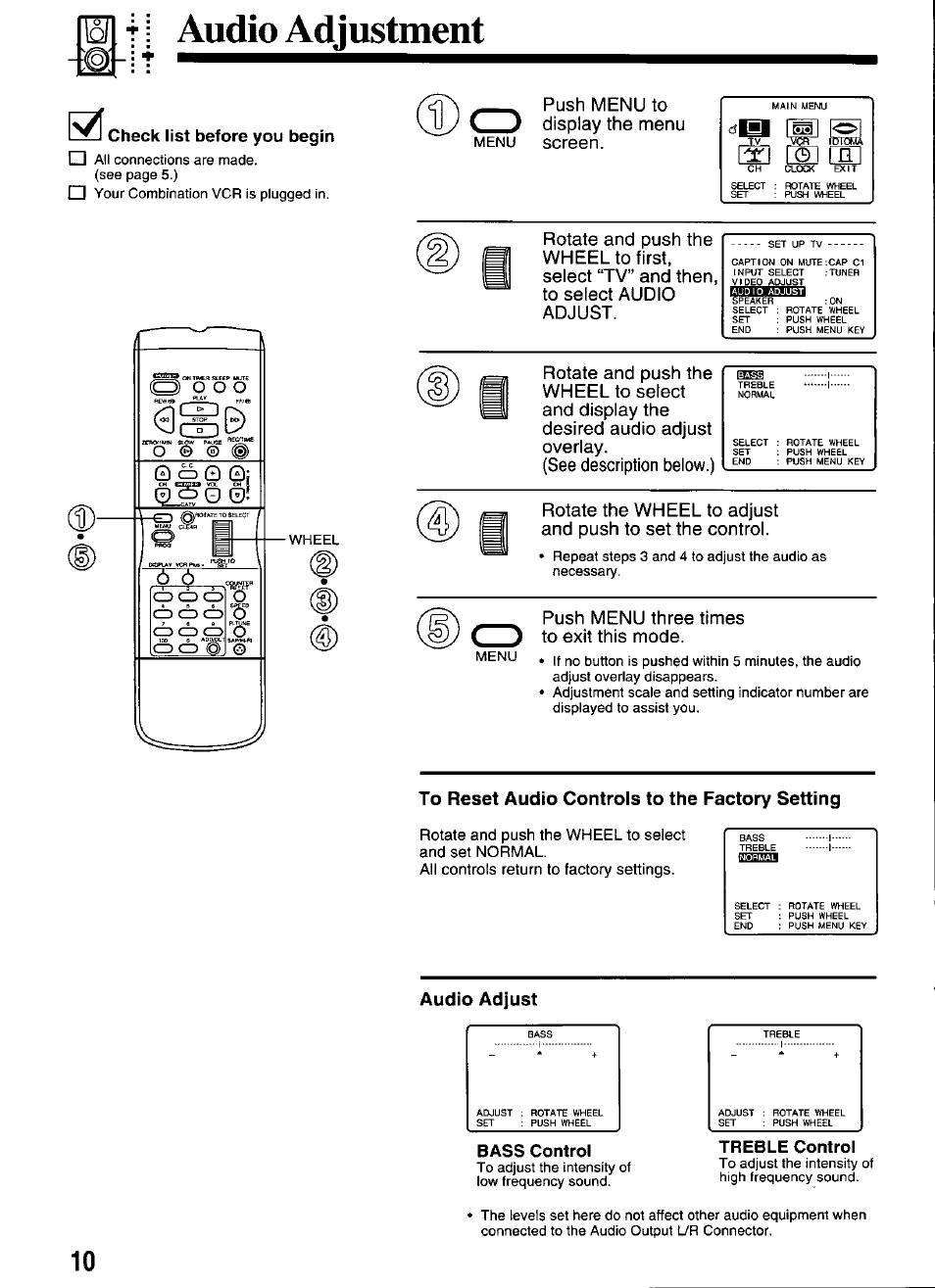 Audio adjustment, Check list before you begin, To reset audio controls to the factory setting | Audio adjust, Treble control, Push menu to display the menu screen, Push menu three times to exit this mode | Panasonic OMNIVISION PV-M2066 User Manual | Page 10 / 36