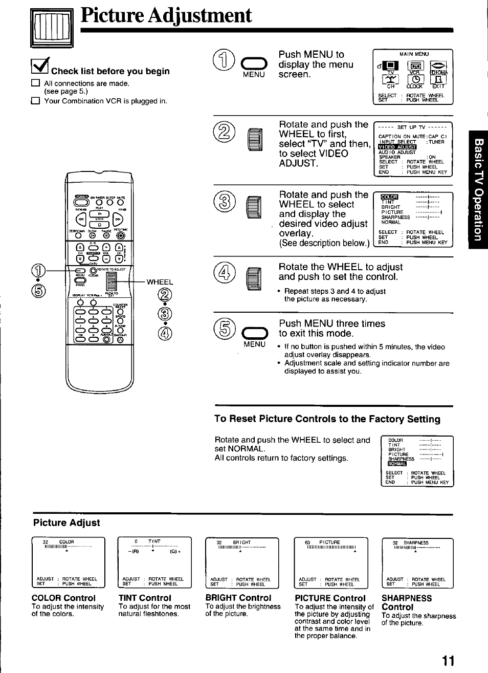 Picture adjustment, Check list before you begin, Qc=>0 q | To reset picture controls to the factory setting, Picture adjust, Color control, Tint control, Bright control, Picture control, Sharpness | Panasonic OMNIVISION PV-M2066 User Manual | Page 11 / 36