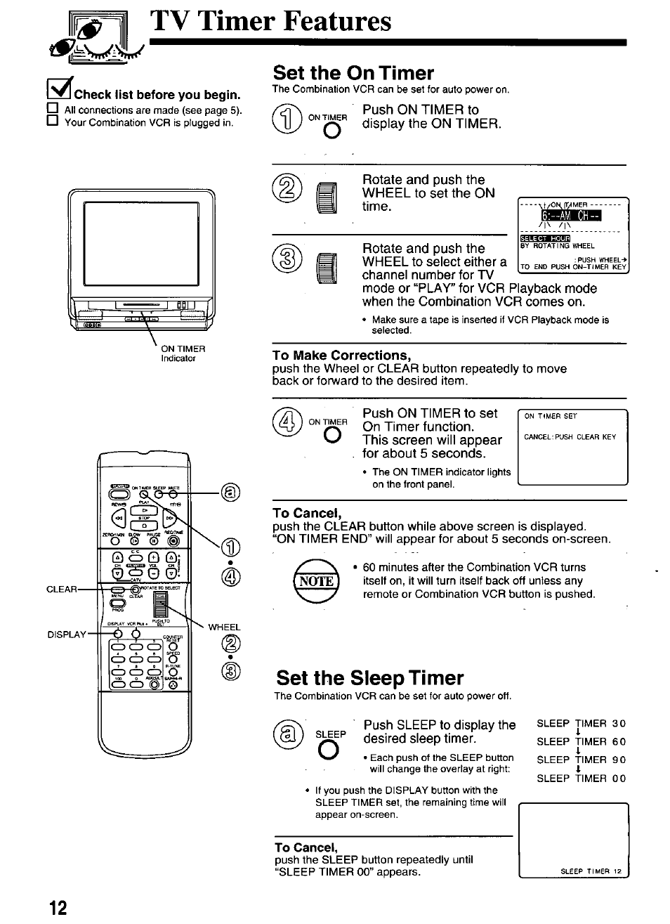 Tv timer features, Check list before you begin, Set the on timer | To make corrections, To cancel, Set the sleep timer | Panasonic OMNIVISION PV-M2066 User Manual | Page 12 / 36