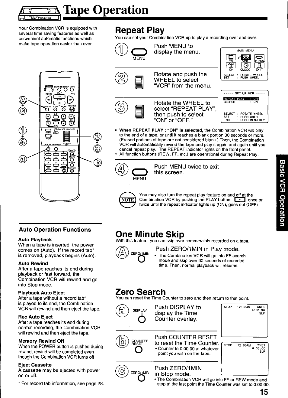 N—ta tape operation, Repeat play, Auto operation functions | Auto playback, Auto rewind, Playback auto eject, Rec auto eject, Memory rewind off, Eject cassette, One minute skip | Panasonic OMNIVISION PV-M2066 User Manual | Page 15 / 36