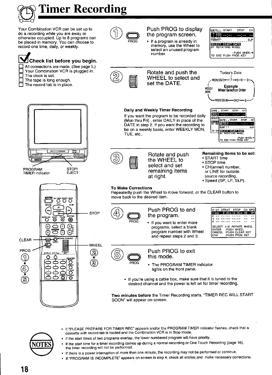 Timer recording, Heck list before you begin, Push prog to display the program screen | Push prog to end the program, Push prog to exit this mode | Panasonic OMNIVISION PV-M2066 User Manual | Page 18 / 36