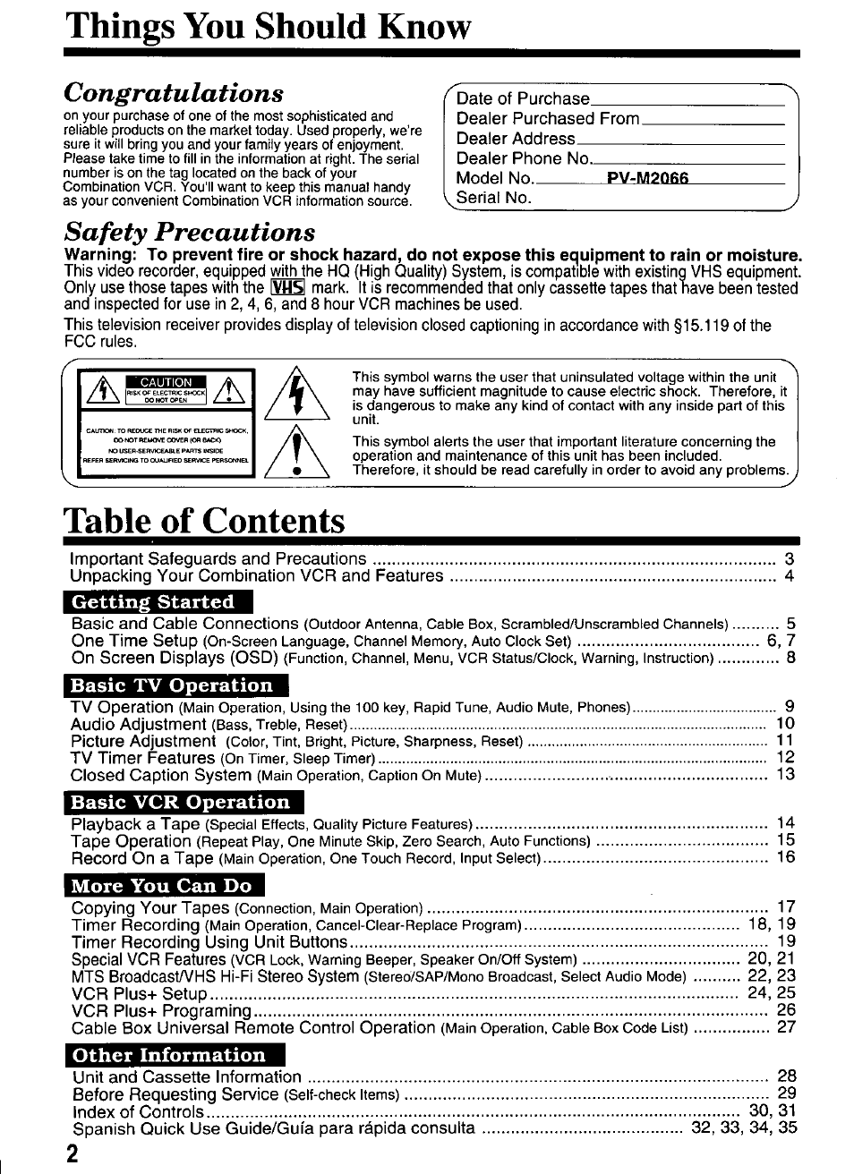 Things you should know, Safety precautions | Panasonic OMNIVISION PV-M2066 User Manual | Page 2 / 36