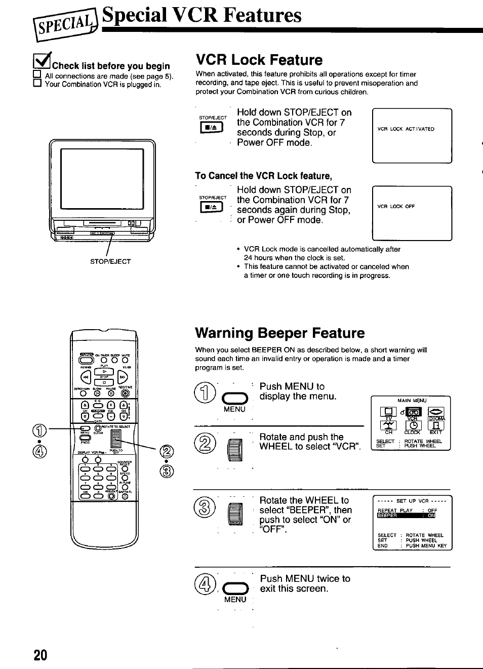 Speci, Vcr features, Check list before you begin | Vcr lock feature, To cancel the vcr lock feature, Warning beeper feature | Panasonic OMNIVISION PV-M2066 User Manual | Page 20 / 36