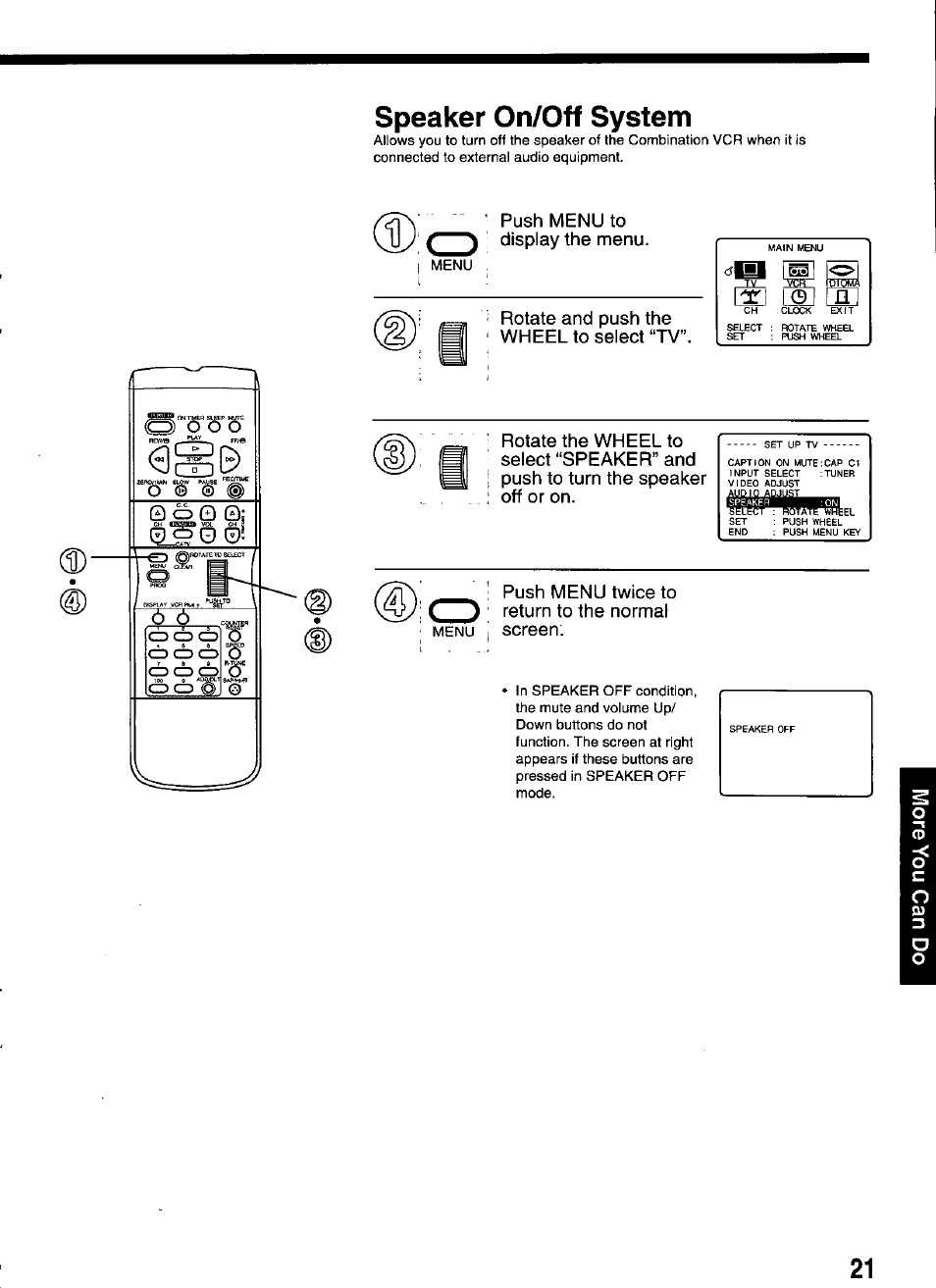 Speaker on/off system, Push menu twice to return to the normal screen | Panasonic OMNIVISION PV-M2066 User Manual | Page 21 / 36